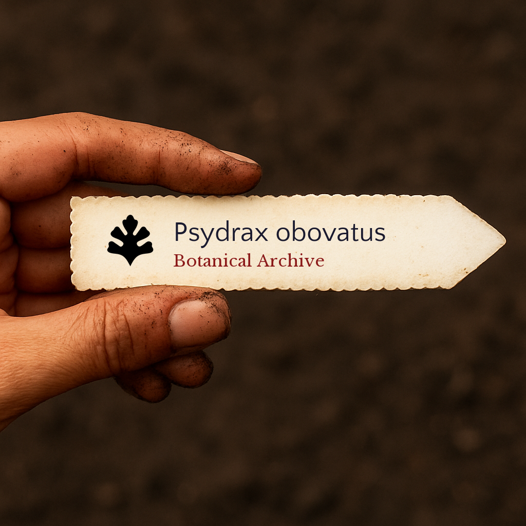 Printed plant label for Psydrax obovatus held by dirty hand over soil background