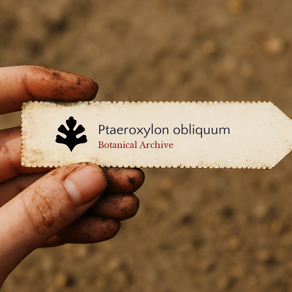 Printed plant label for Ptaeroxylon obliquum held by dirty hand outdoors