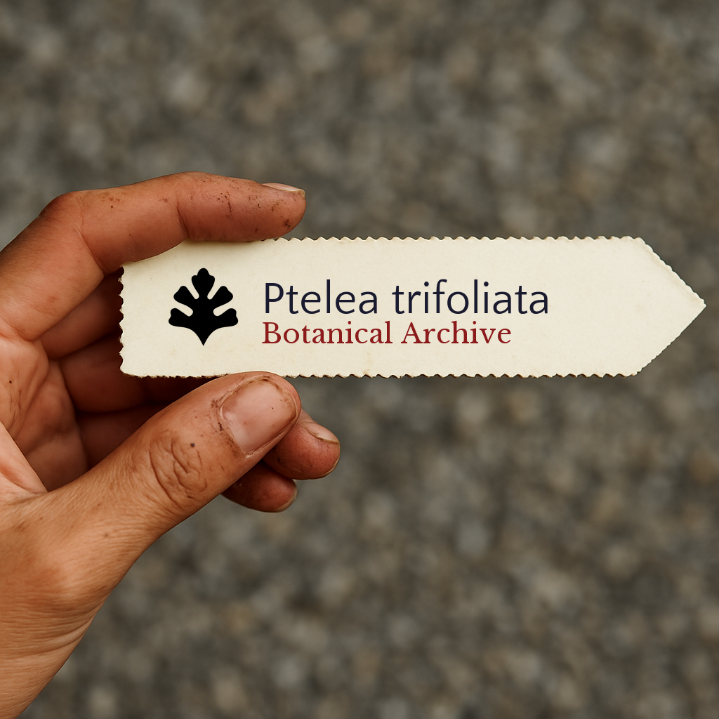 Printed plant label for Ptelea trifoliata held by hand with textured background