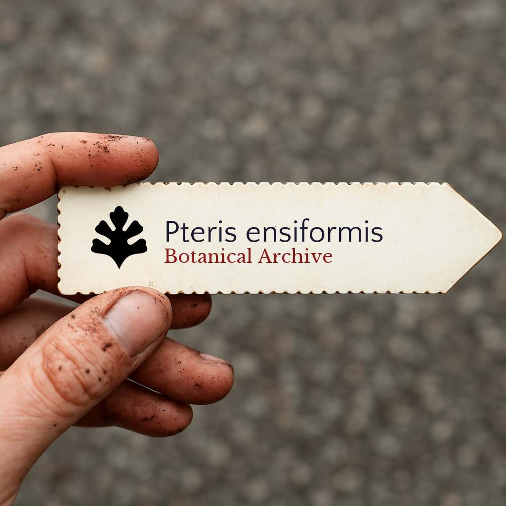 Printed plant label for Pteris ensiformis held by dirty hand outdoors