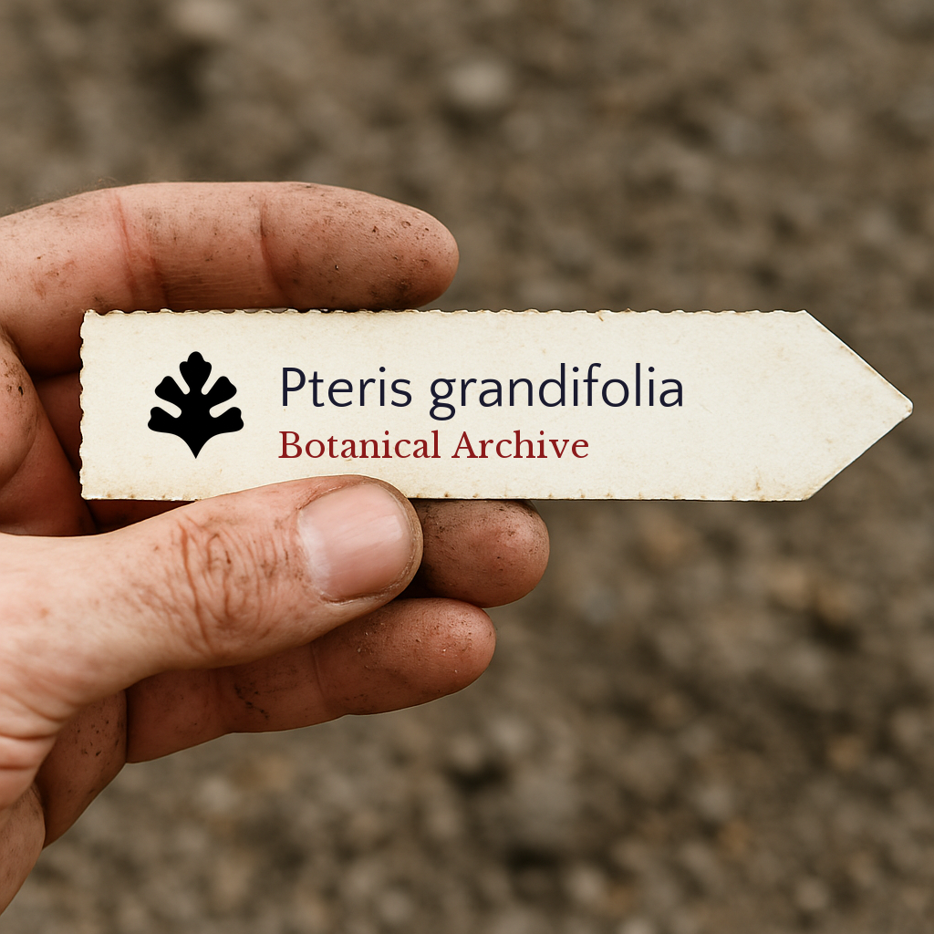 Printed plant label for Pteris grandifolia held by dirty hand over soil background