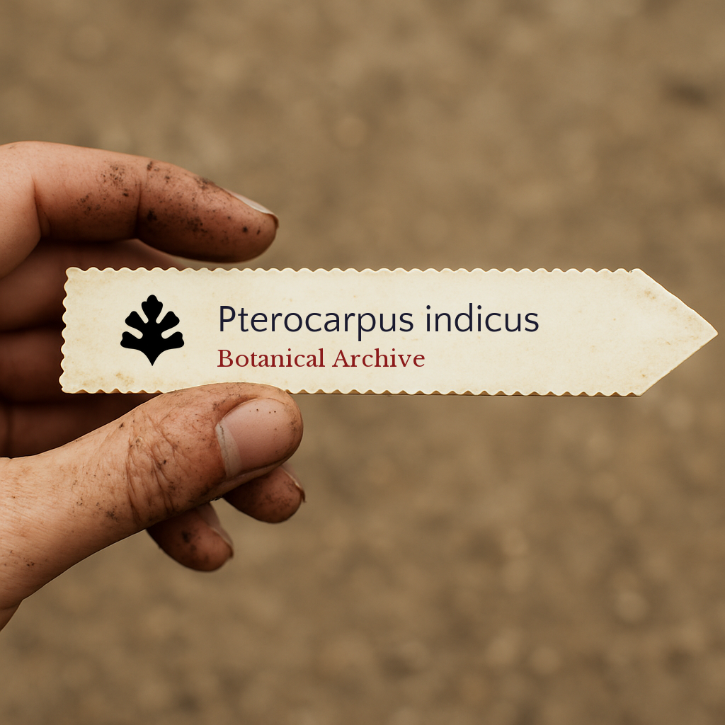 Printed plant label for Pterocarpus indicus held by dirty hand against blurred background