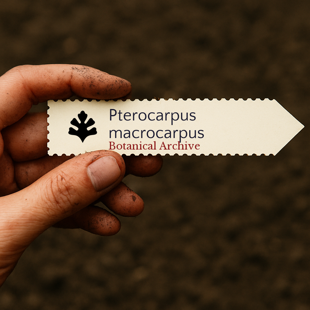 Printed plant label for Pterocarpus macrocarpus held by dirty hand over soil background