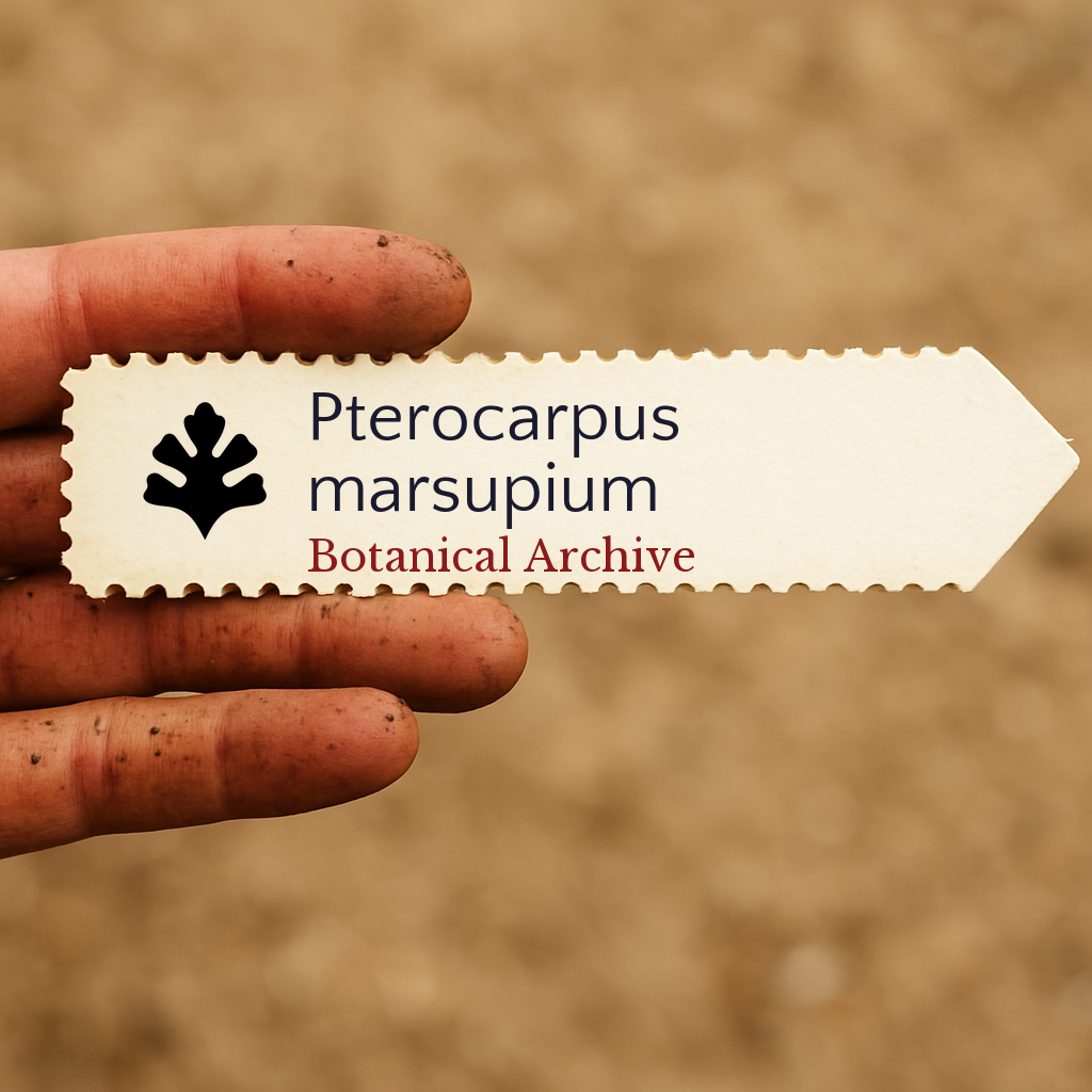 Printed plant label for Pterocarpus marsupium held by dirty fingers on blurred background