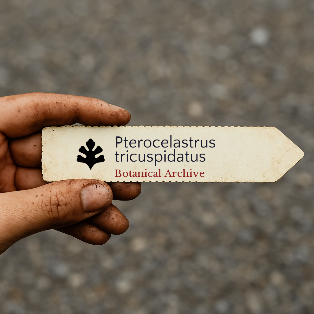 Printed plant label for Pterocelastrus tricuspidatus held by dirty hand outdoors