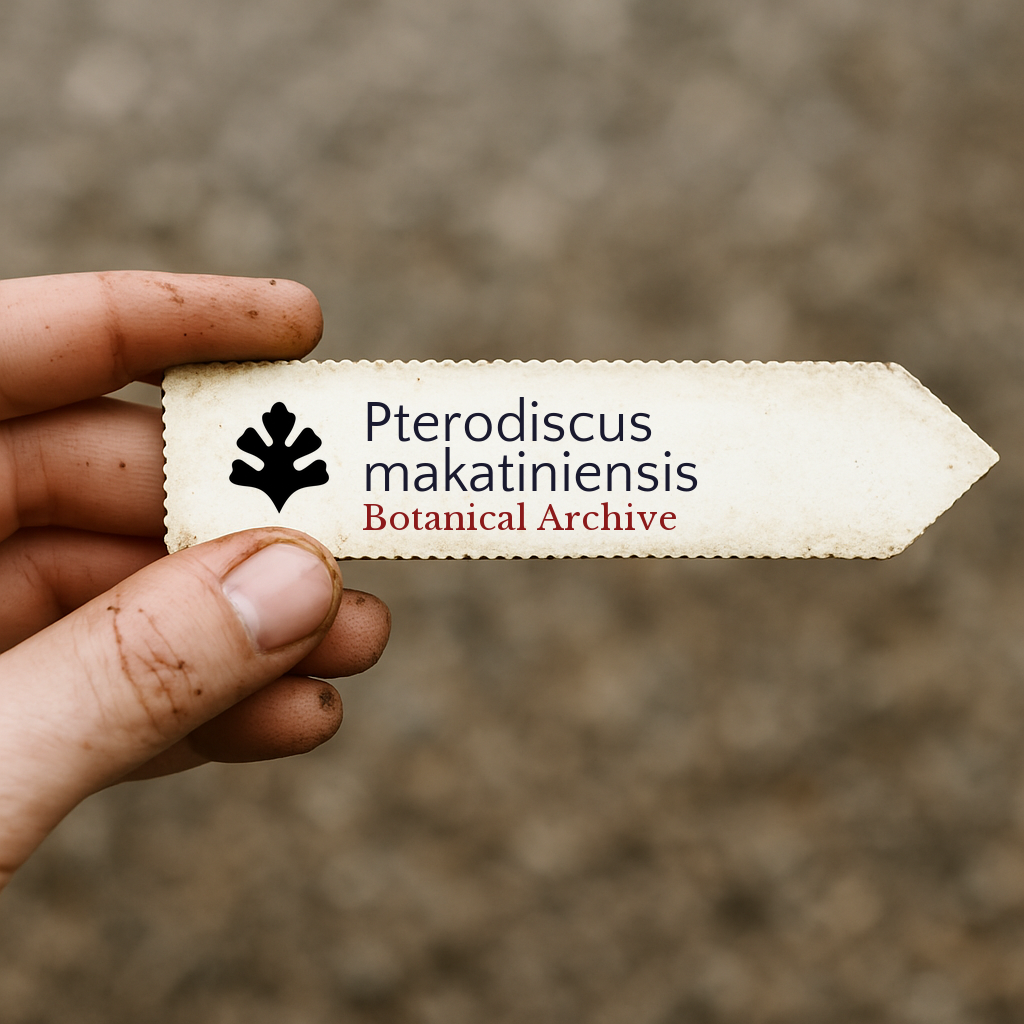 Printed plant label for Pterodiscus makatiniensis held by hand with soil background