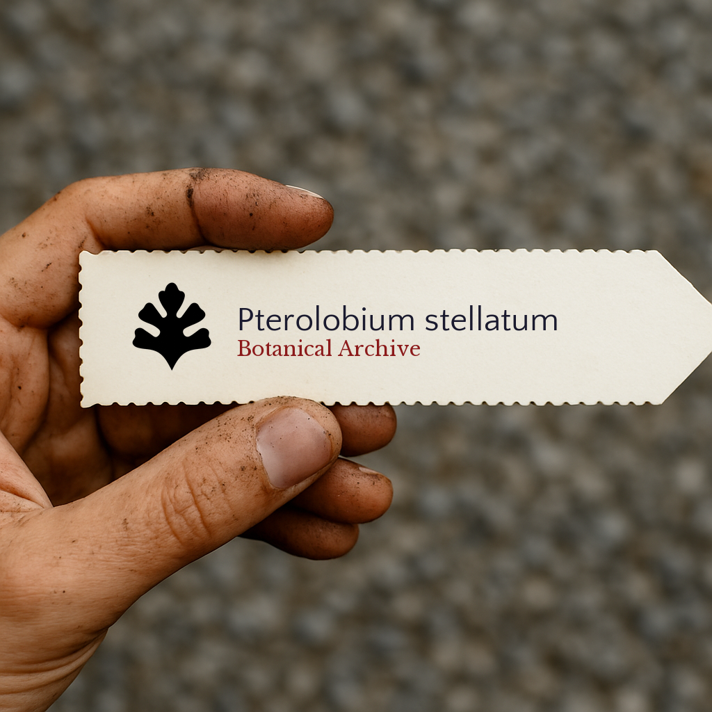 Etichetta stampata per pianta di Pterolobium stellatum tenuta da mano sporca all'aperto