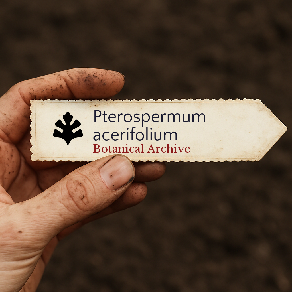 Printed plant label for Pterospermum acerifolium held by dirty hand over soil background