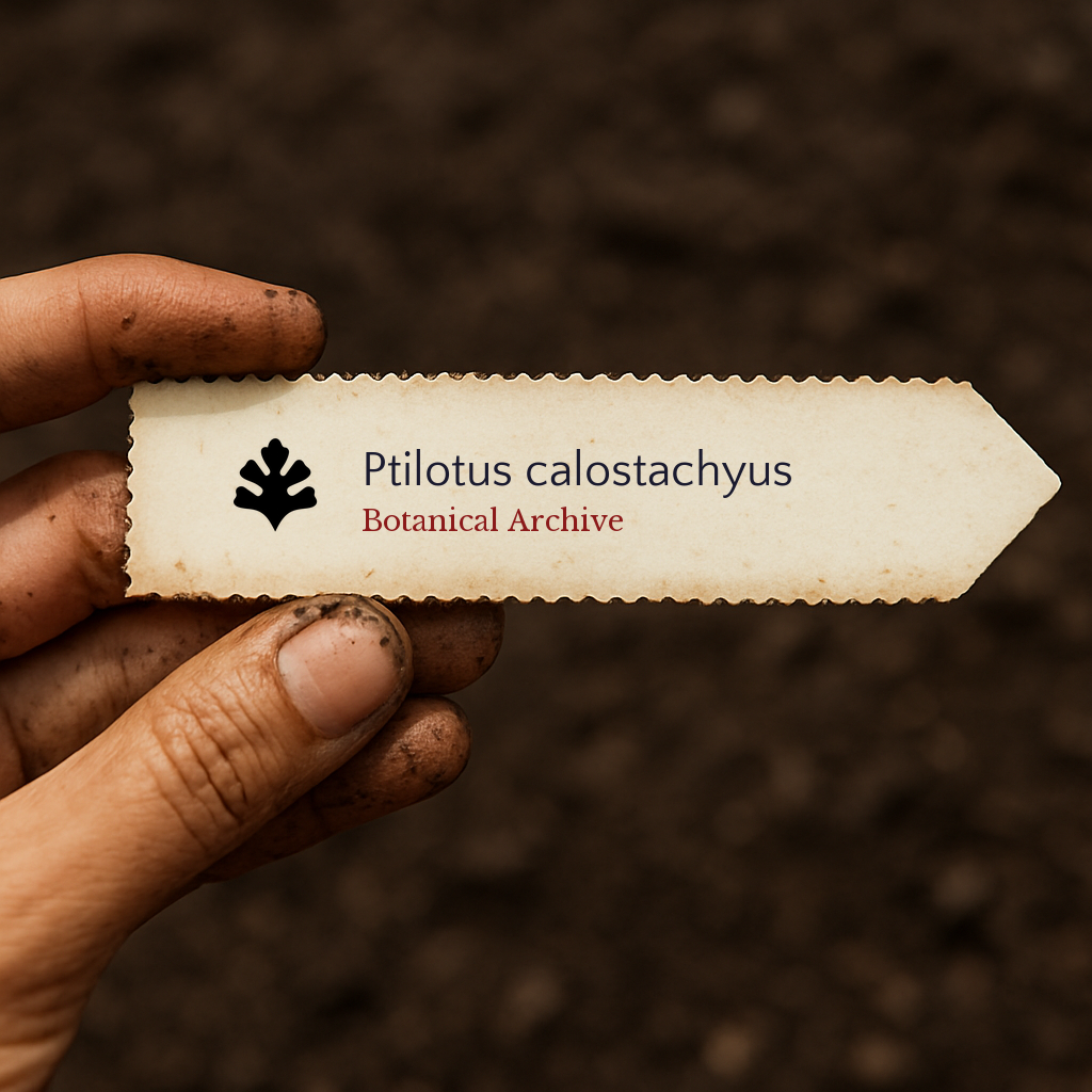 Printed plant label for Ptilotus calostachyus held by dirty hand over soil background