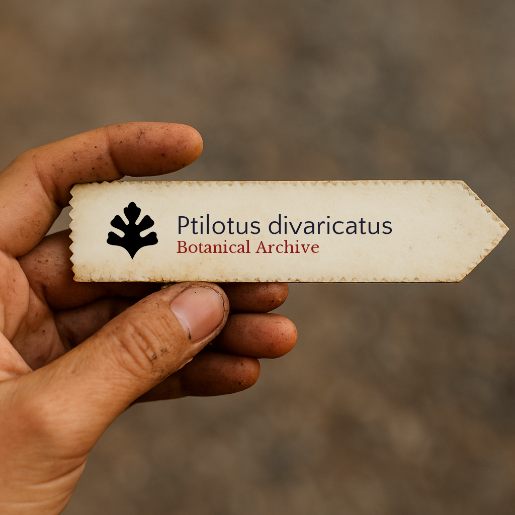 Etichetta per piante stampata per Ptilotus divaricatus tenuta a mano con dita macchiate di terra