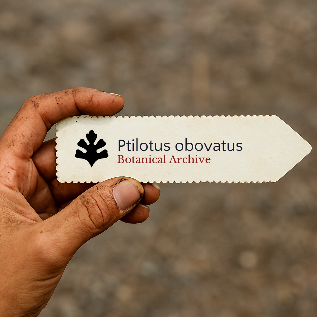 Printed plant label for Ptilotus obovatus held by hand with dirt background