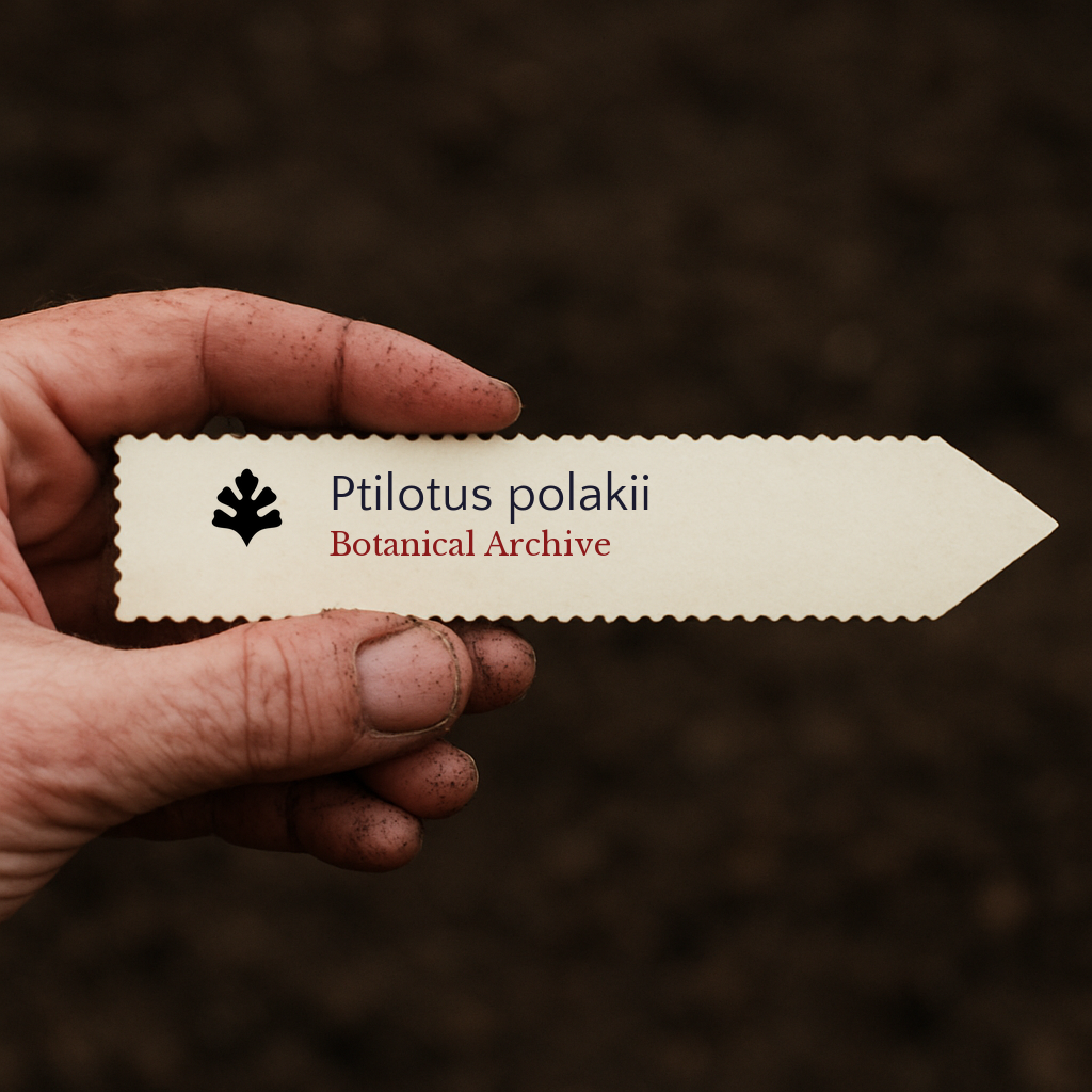 Printed plant label for Ptilotus polakii held over soil background