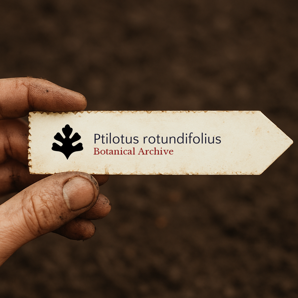 Printed plant label for Ptilotus rotundifolius held by hand over soil background