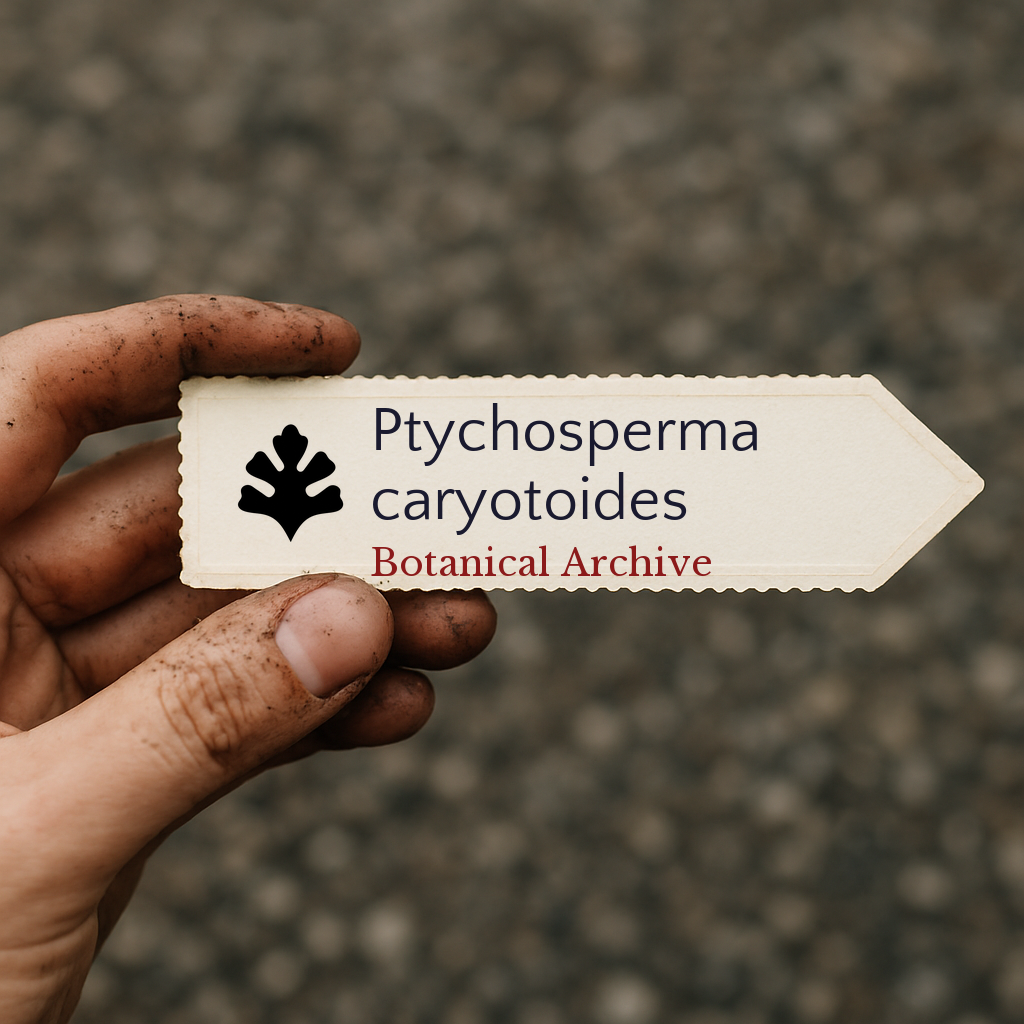 Printed plant label for Ptychosperma caryotoides held by dirty hand outdoors