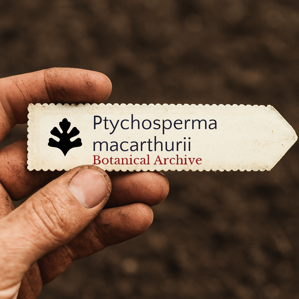Printed plant label for Ptychosperma macarthurii held by hand with soil background