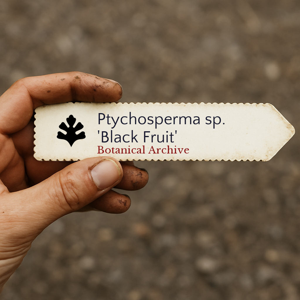 Printed plant label for Ptychosperma sp. 'Black Fruit' held in hand with dirt-stained fingers