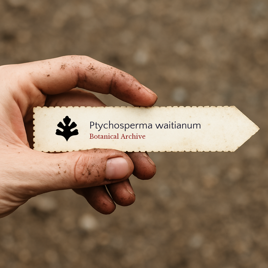 Etichetta per piante stampata per Ptychosperma waitianum tenuta da mano sporca all'aperto