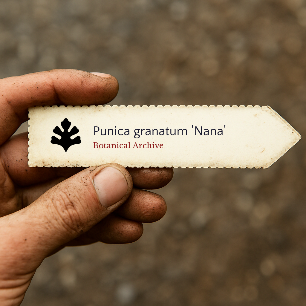 Printed plant label for Punica granatum 'Nana' held by dirty hand outdoors