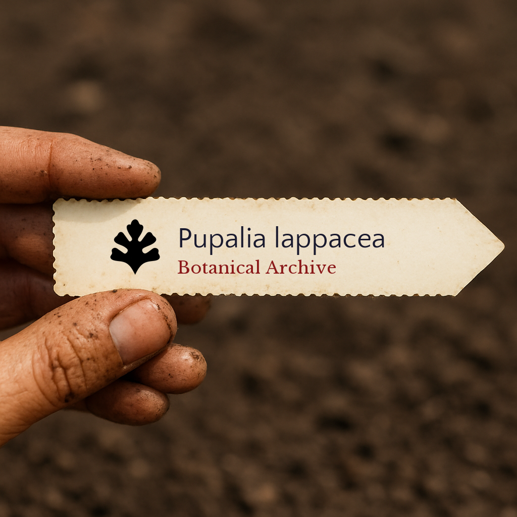 Etichetta stampata per pianta di Pupalia lappacea tenuta da mano sporca su sfondo di terreno