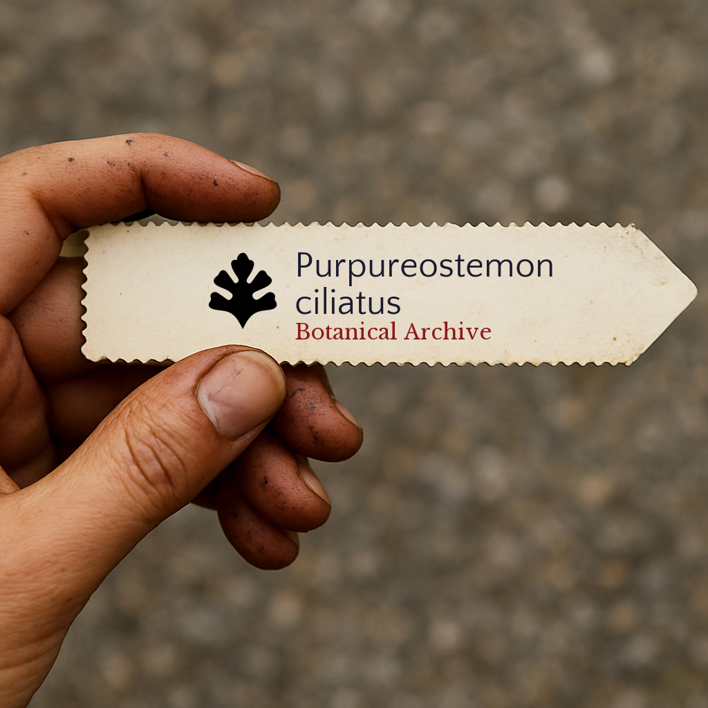 Printed plant label for Purpureostemon ciliatus with botanical archive logo held by hand