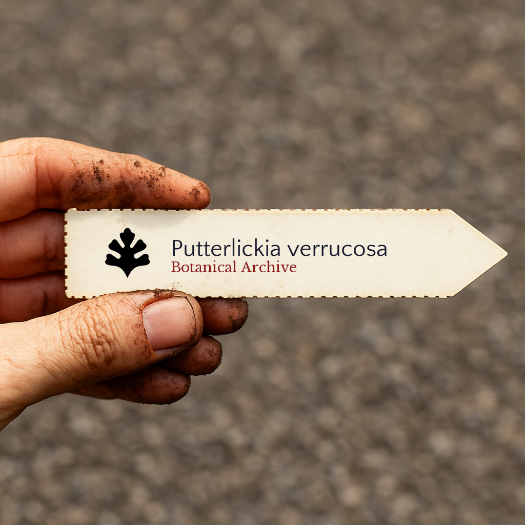 Printed plant label for Putterlickia verrucosa held by dirty hand outdoors