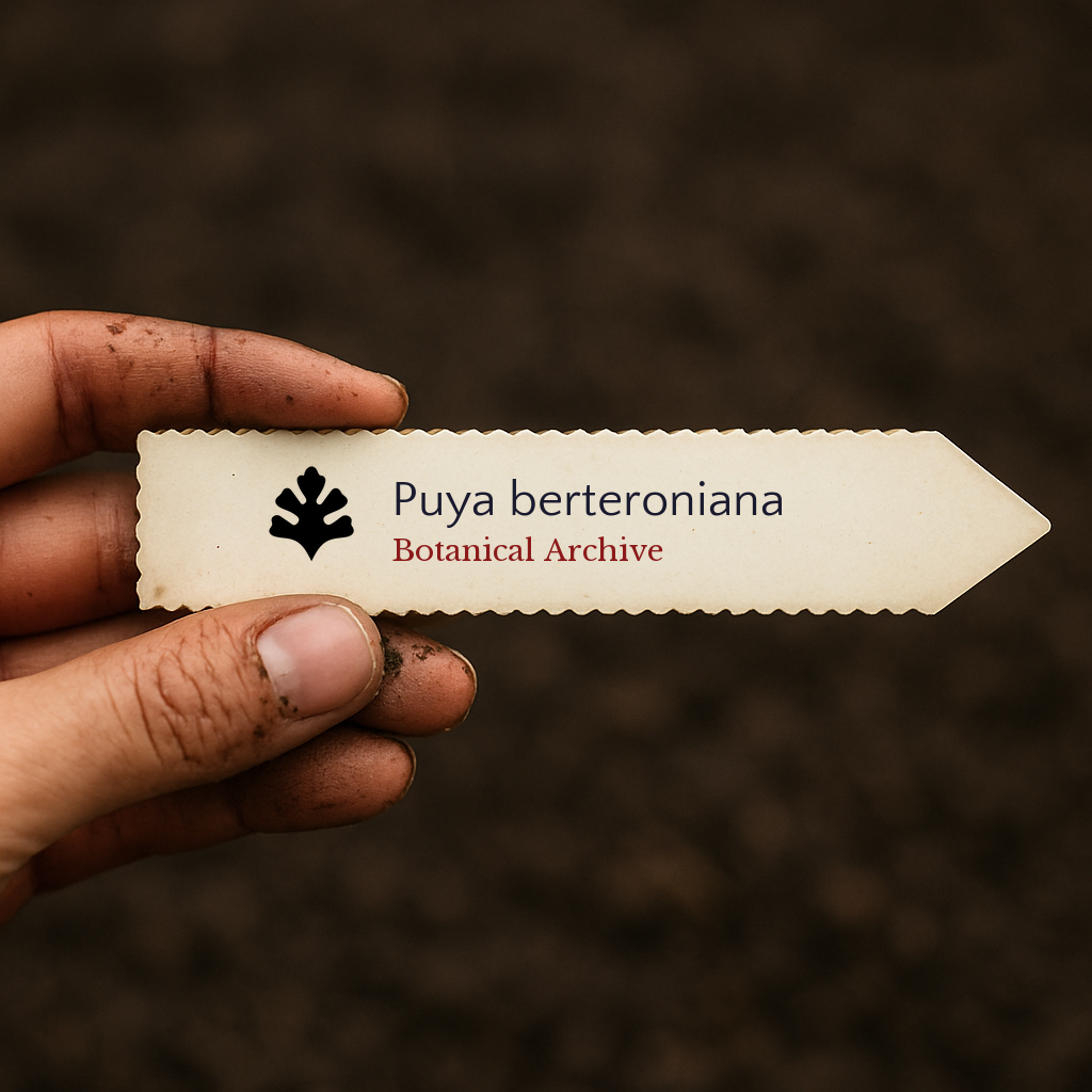 Printed plant label for Puya berteroniana held by hand with soil background