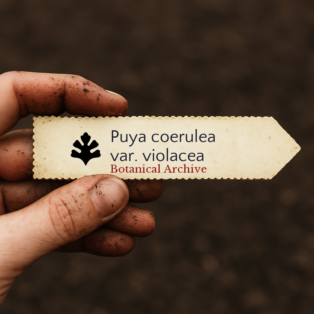 Printed plant label for Puya coerulea var. violacea held by dirty hand over soil background