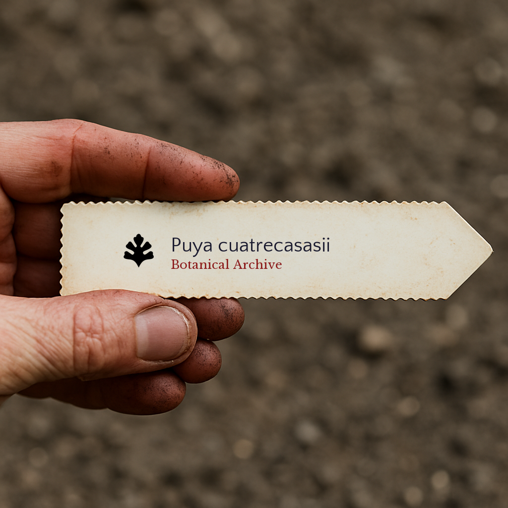 Etichetta stampata per pianta di Puya cuatrecasasii tenuta a mano con sfondo di terreno