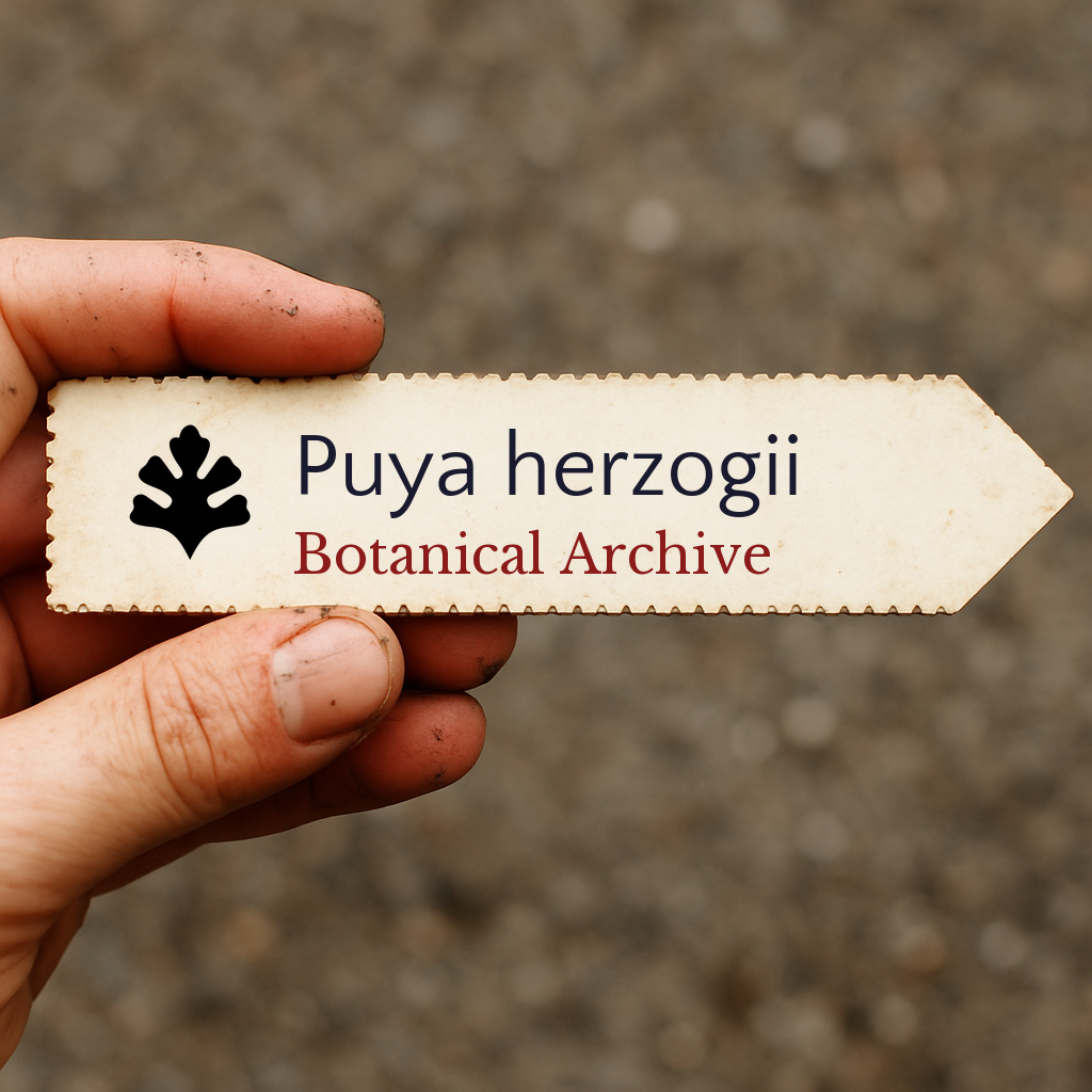 Printed plant label for Puya herzogii with botanical archive logo held by hand