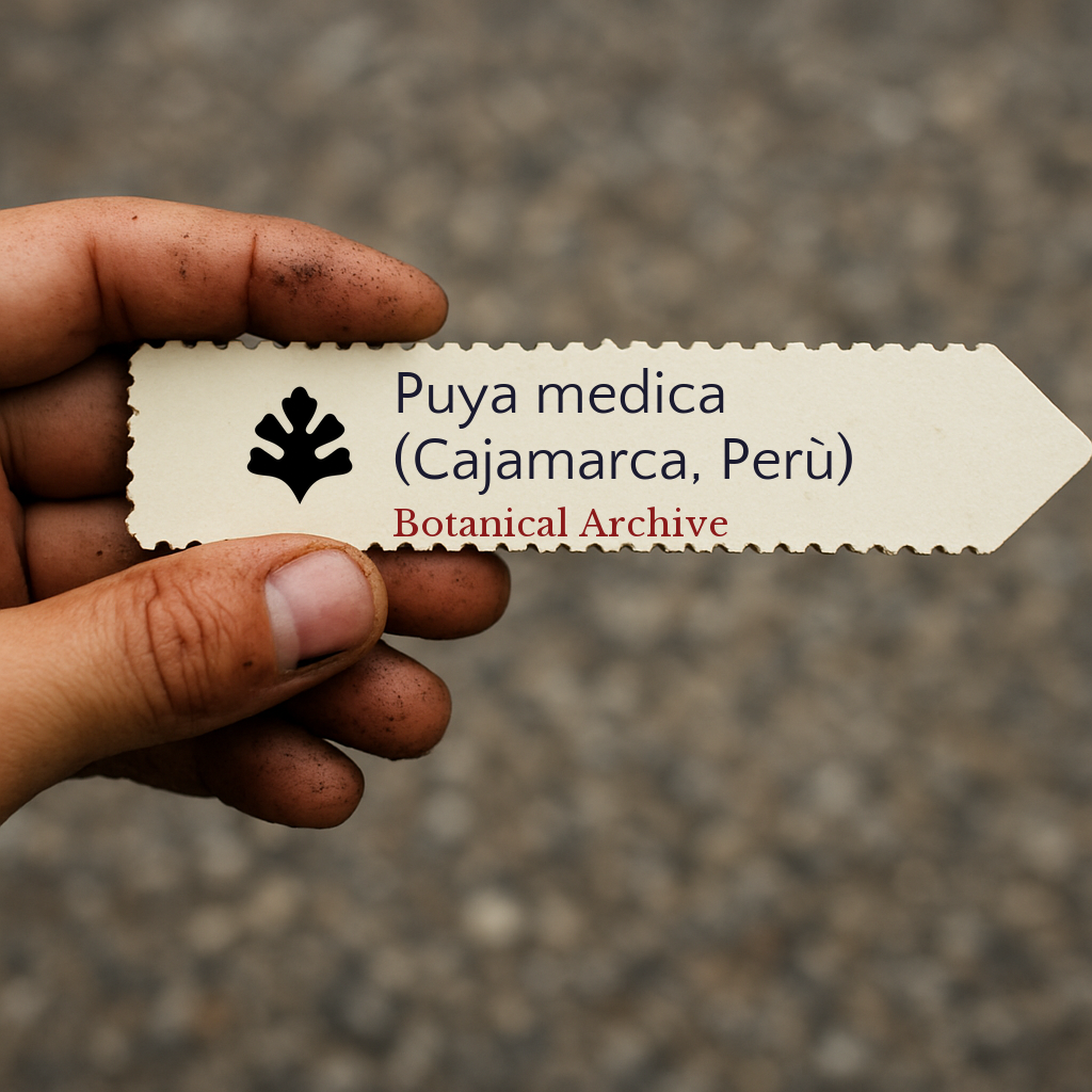 Printed plant label for Puya medica with location Cajamarca Peru held by dirty hand