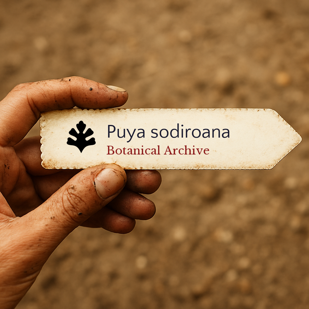 Printed plant label for Puya sodiroana held by hand with soil background