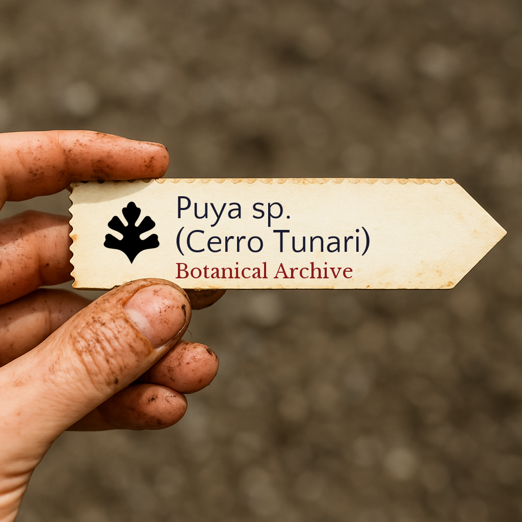 Printed plant label for Puya sp. (Cerro Tunari) held by dirty hand outdoors