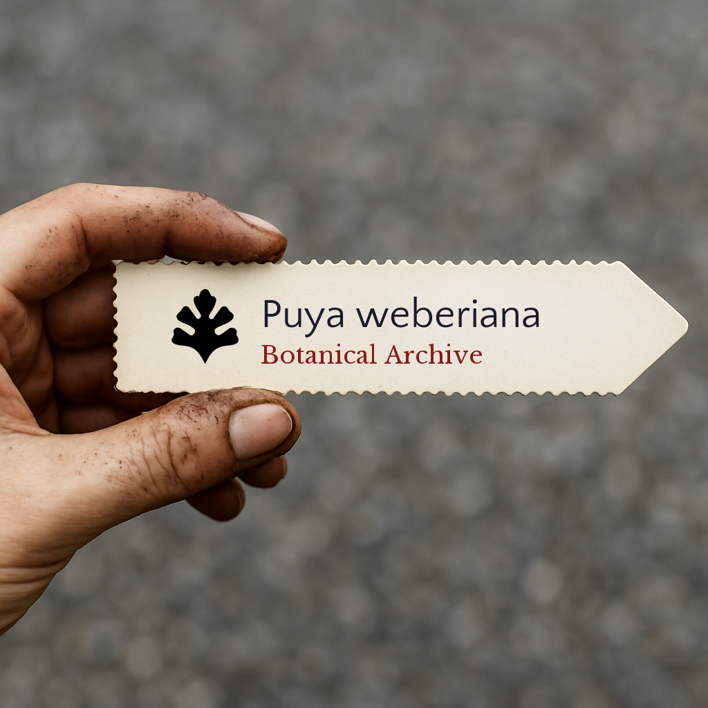 Etichetta per pianta stampata per Puya weberiana con logo Botanical Archive tenuta a mano