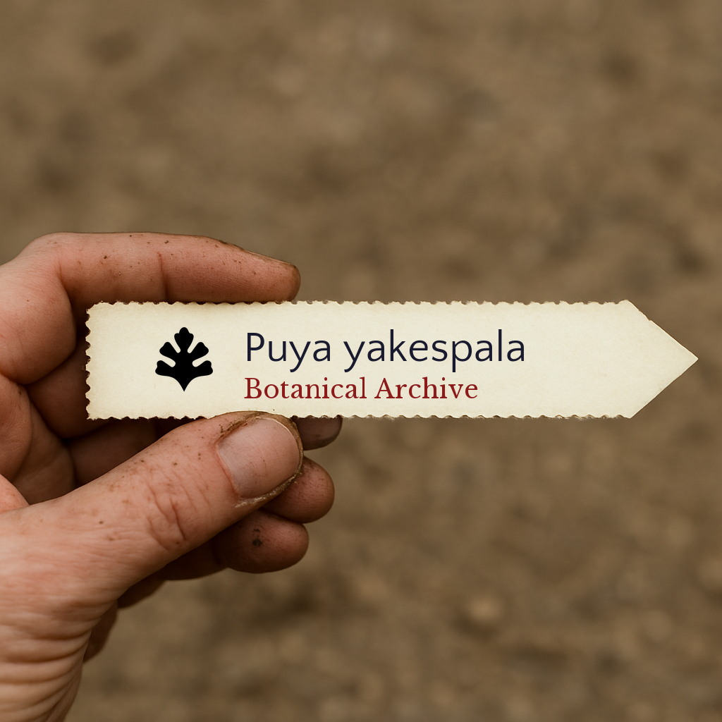 Printed plant label for Puya yakespala held by hand with soil background