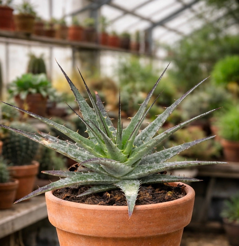 Puya medica succulent with spiky gray-green leaves in terracotta pot