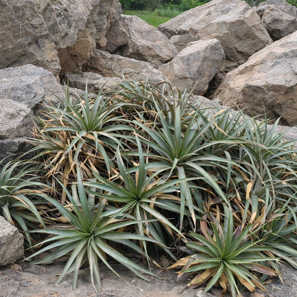 Puya roezlii succulent rosette plant with spiky green leaves growing among rocks