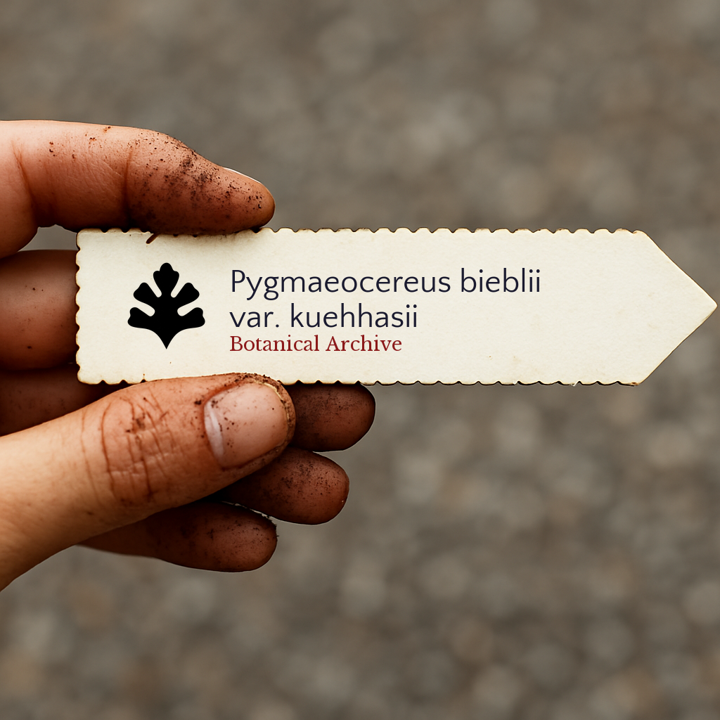 Etichetta stampata per pianta di Pygmaeocereus bieblii var. kuehhasii tenuta da mano sporca