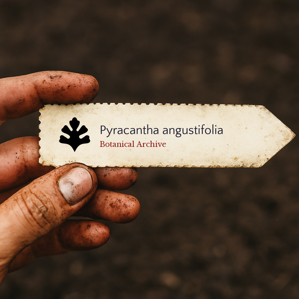 Printed plant label for Pyracantha angustifolia held by dirty hand against soil background