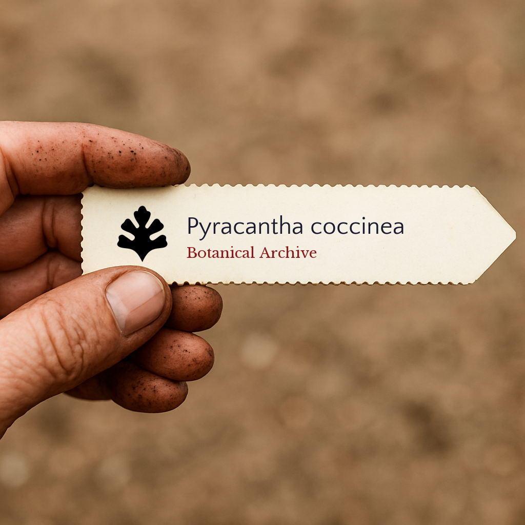 Etichetta vegetale stampata per Pyracantha coccinea tenuta da una mano sporca con sfondo di terreno