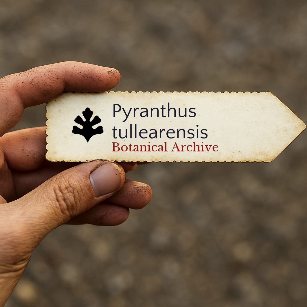 Printed plant label for Pyranthus tullearensis held by hand with dirt background
