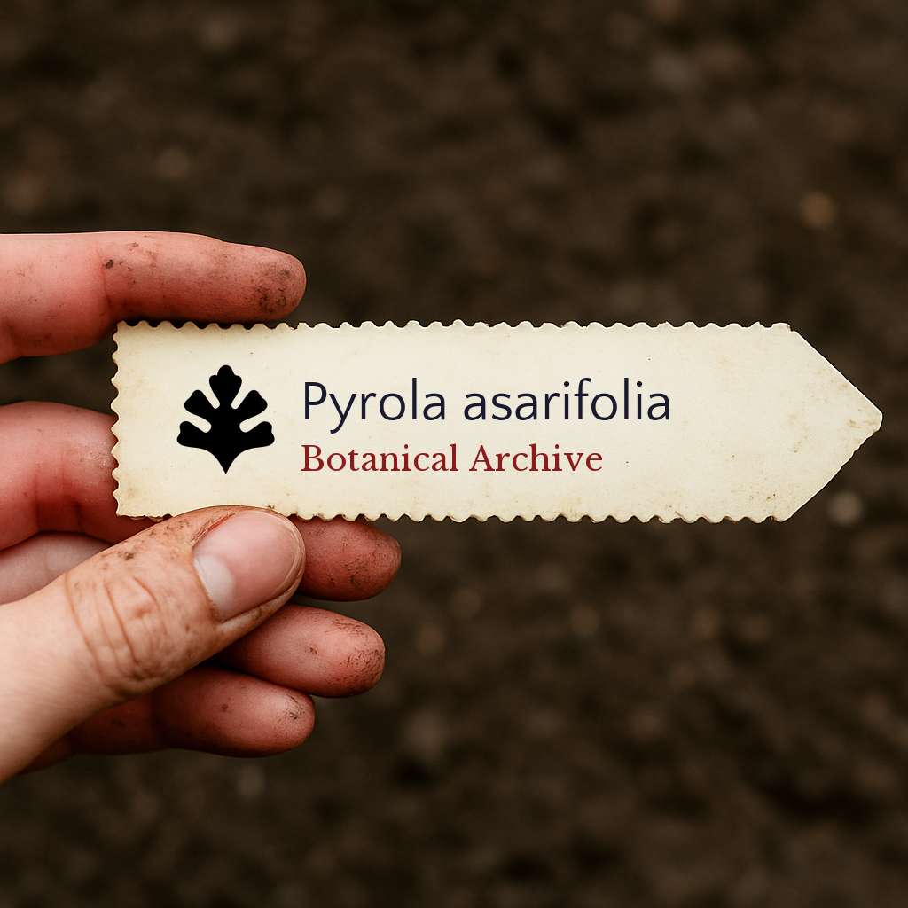 Etichetta stampata per pianta di Pyrola asarifolia tenuta in mano con sfondo di terriccio