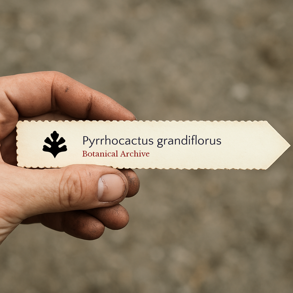 Etichetta botanica stampata per Pyrrhocactus grandiflorus tenuta a mano con sfondo di terra