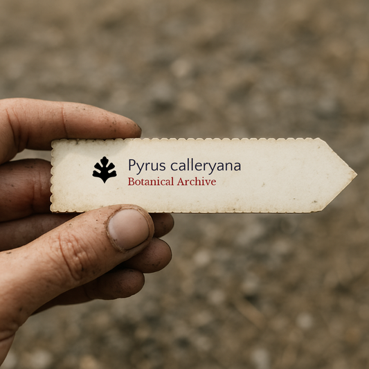 Printed plant label for Pyrus calleryana held by hand with dirt background