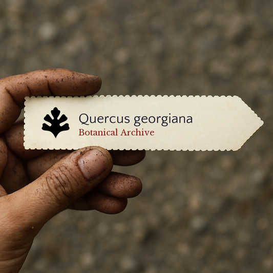 Printed plant label for Quercus georgiana held by dirty hand outdoors
