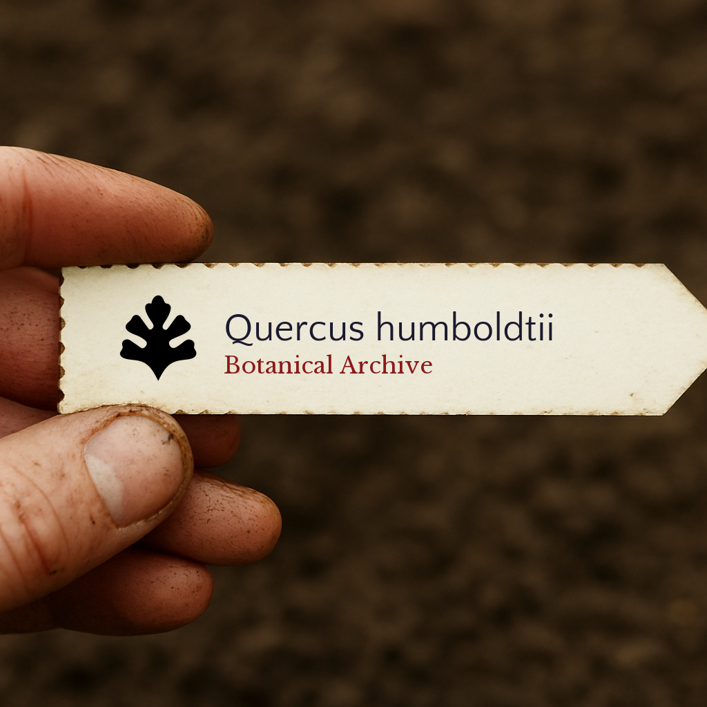Printed plant label for Quercus humboldtii held by hand with soil background