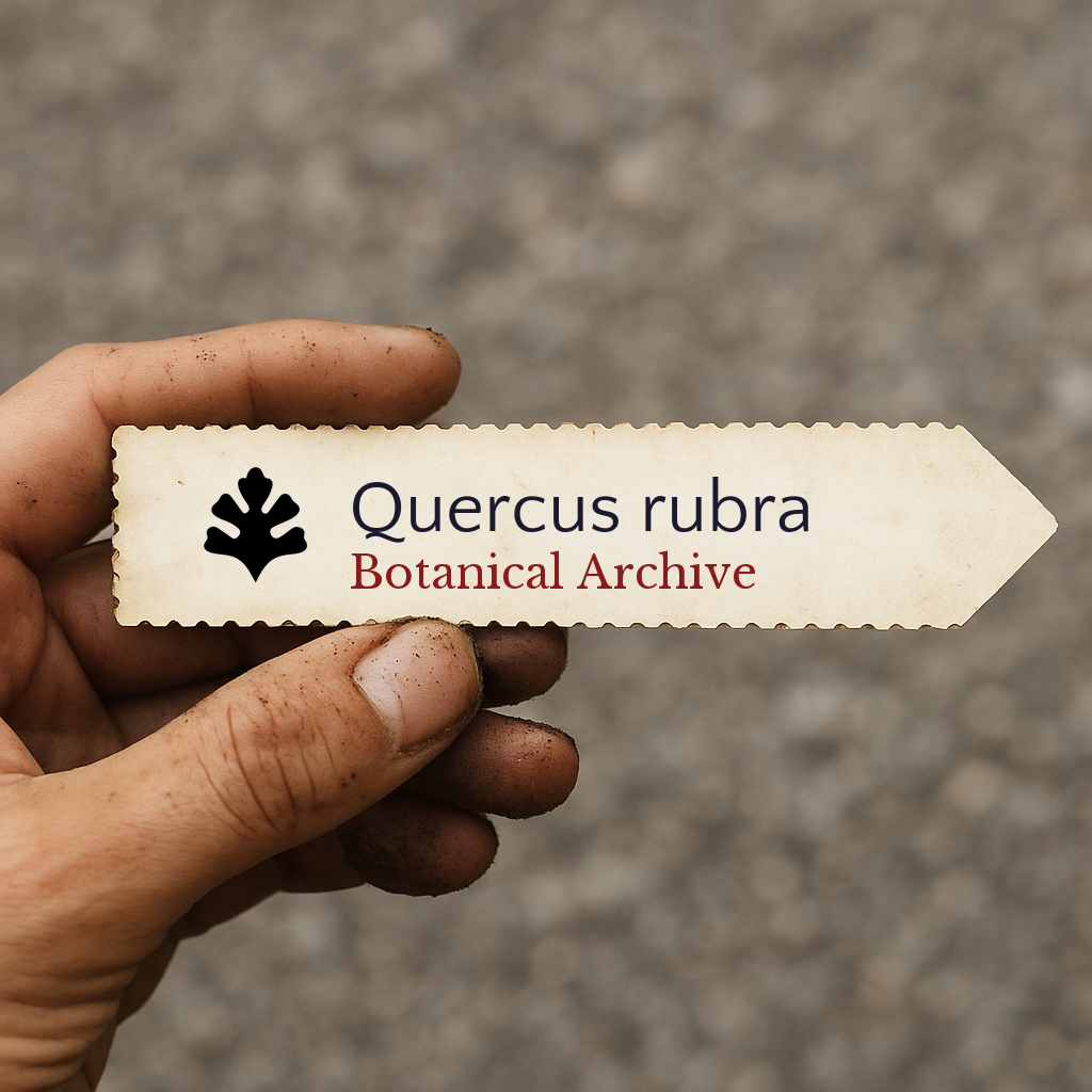 Printed plant label for Quercus rubra with botanical archive logo held by hand
