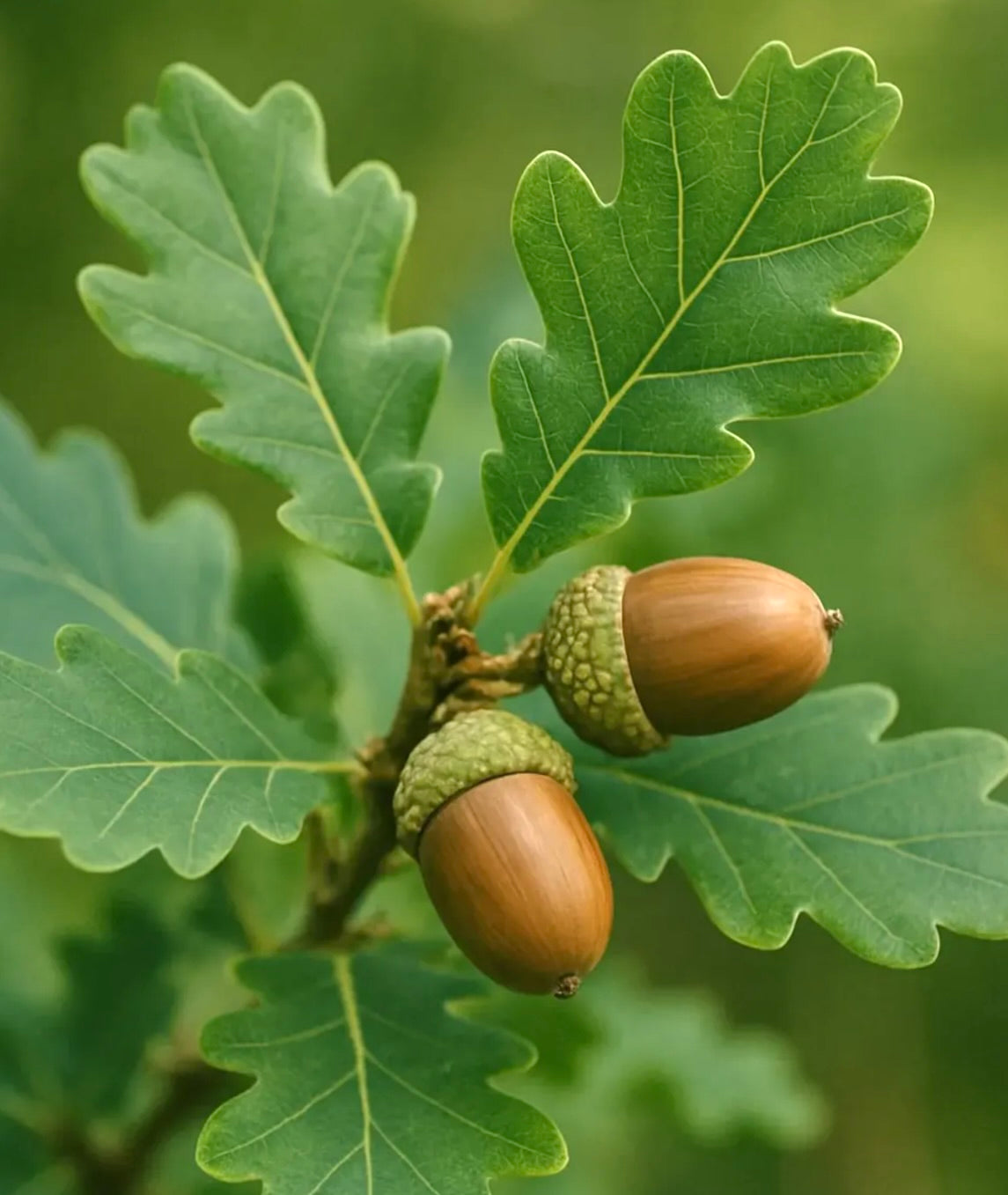 Foglie lobate verdi di Quercus robur con due ghiande marroni su ramo, primo piano