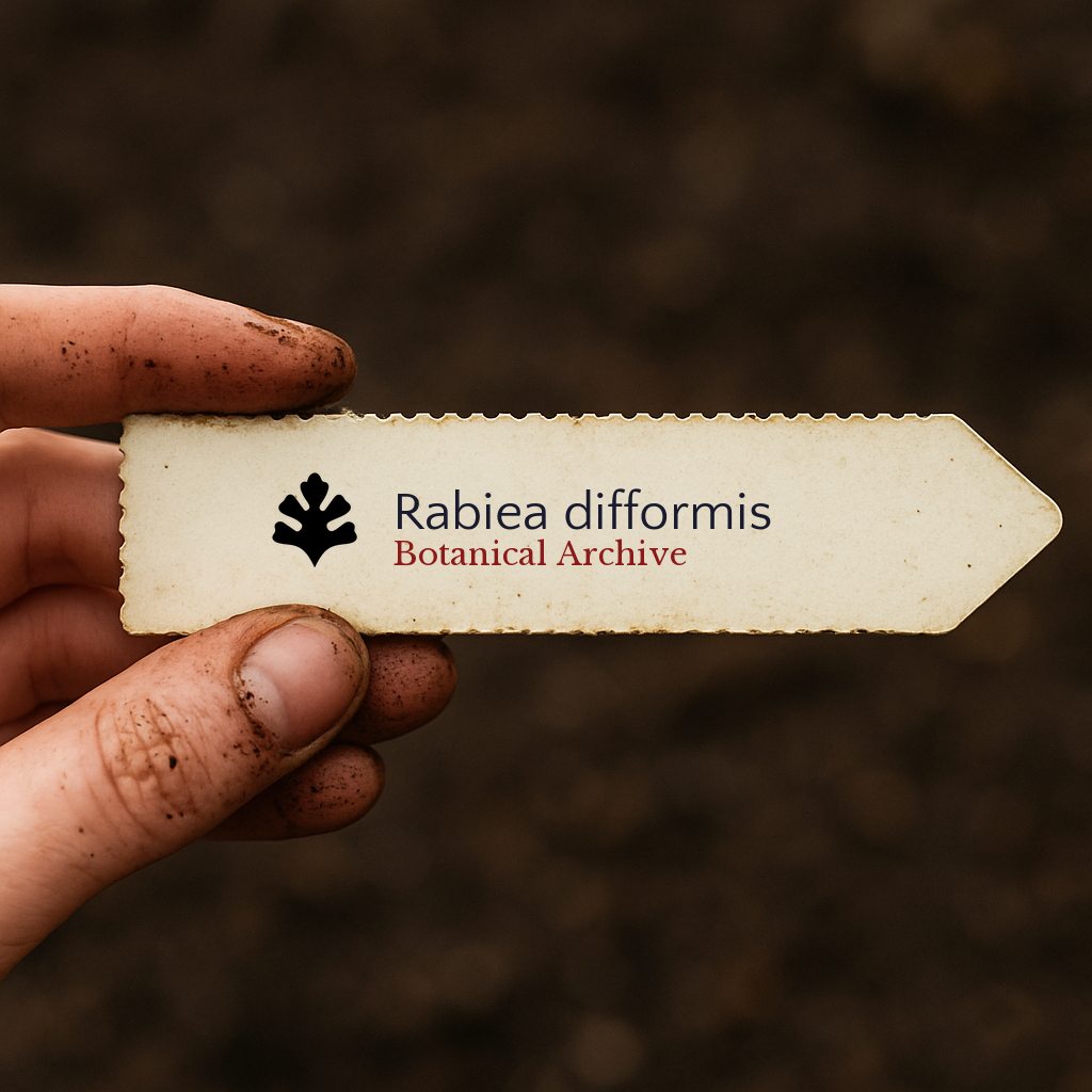 Printed plant label for Rabiea difformis held by dirty hand over soil background