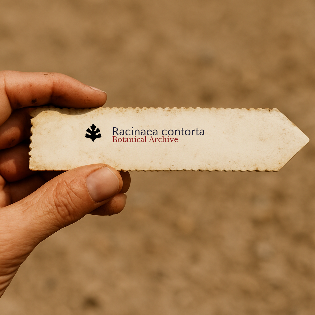 Etichetta plantare stampata per Racinaea contorta con logo Botanical Archive su carta invecchiata