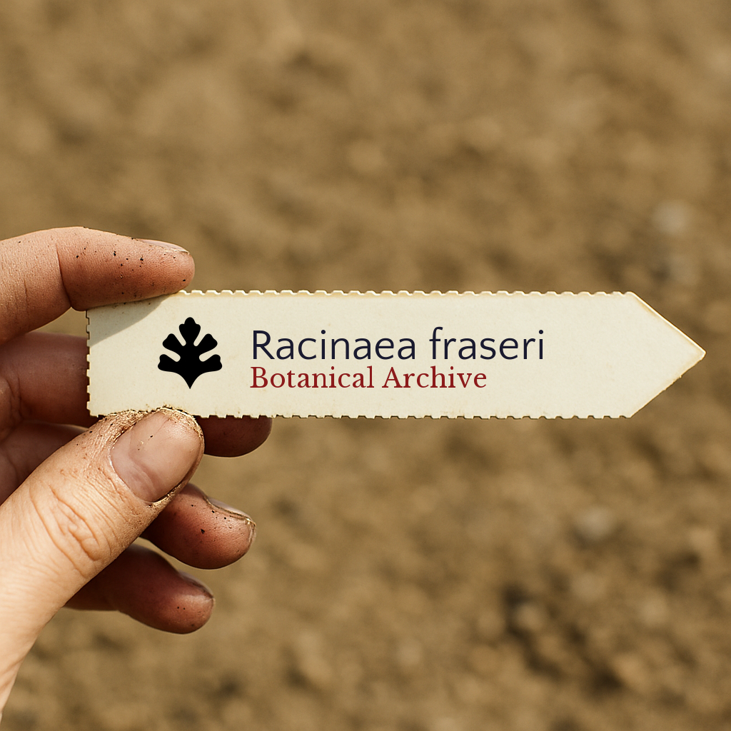 Printed plant label for Racinaea fraseri held by hand with soil background